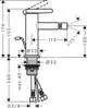 Einhebel-Bidetmischer von AXOR mit seitlicher Zugstangen-Ablaufgarnitur. Technische Zeichnung zeigt Dimensionen und Anschlussdetails.